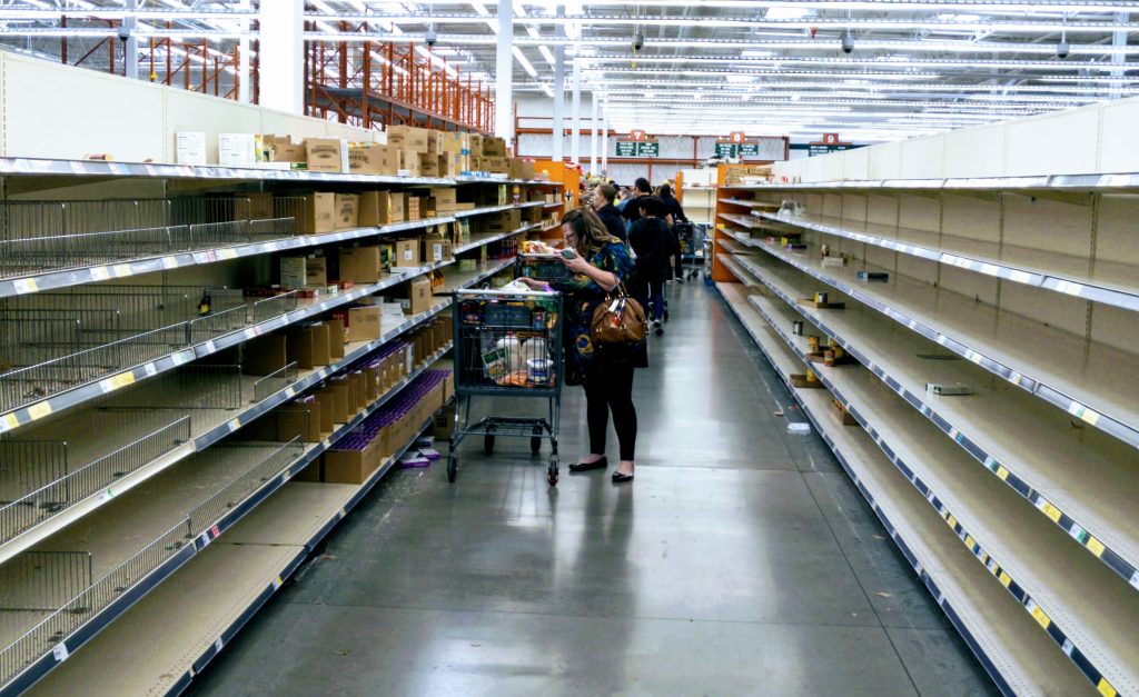Empty grocery store shelves in March 2020